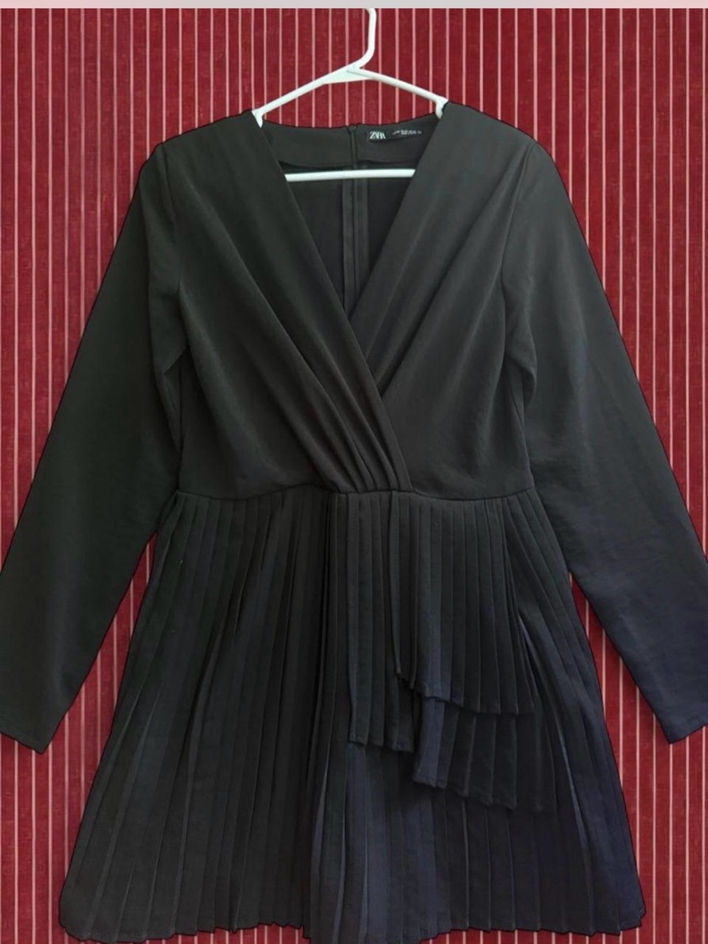 Zara Black Long-Sleeve Pleated Wrap Dress